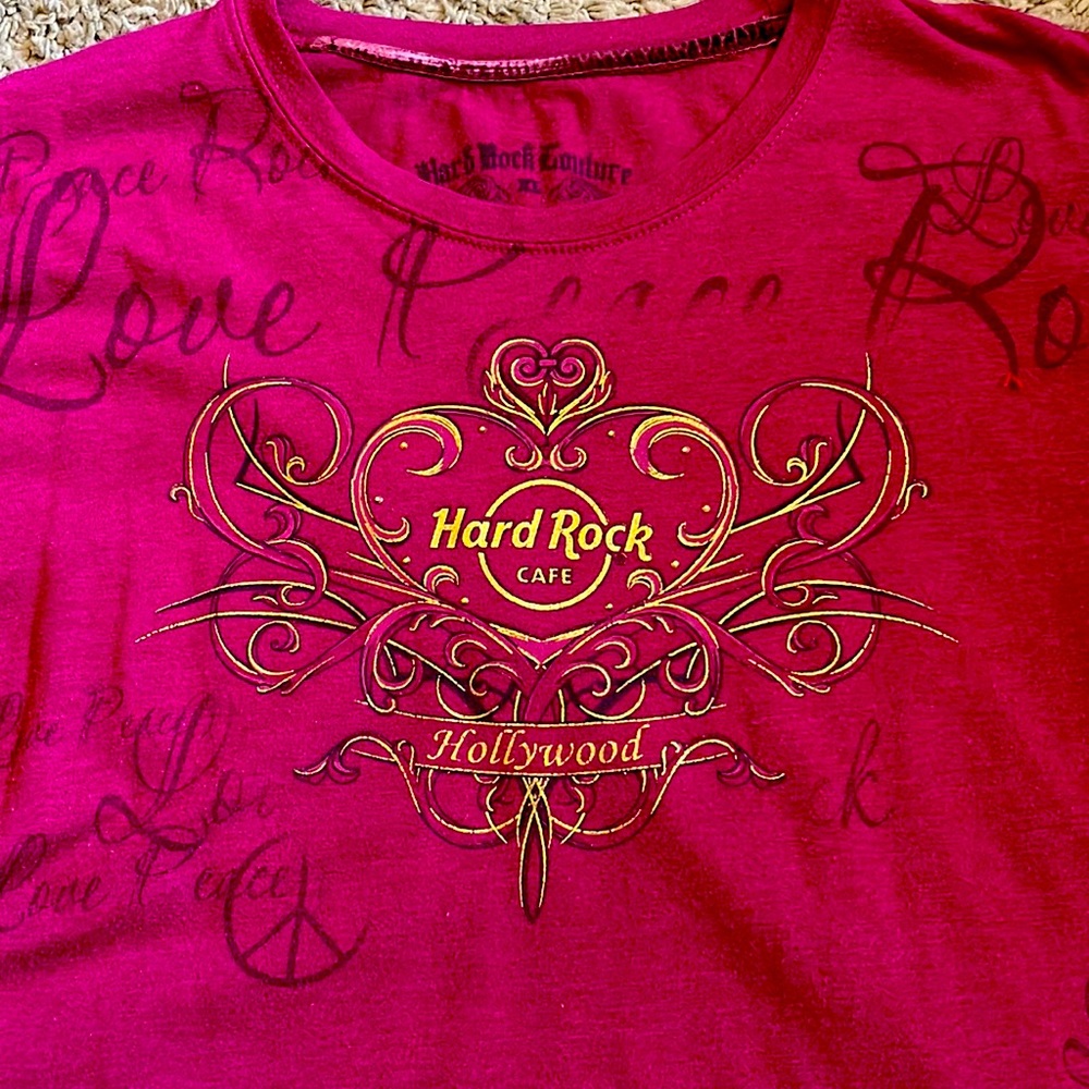 Womens Hard Rock Hollywood T Shirt Size XL Fuchsia and Gold